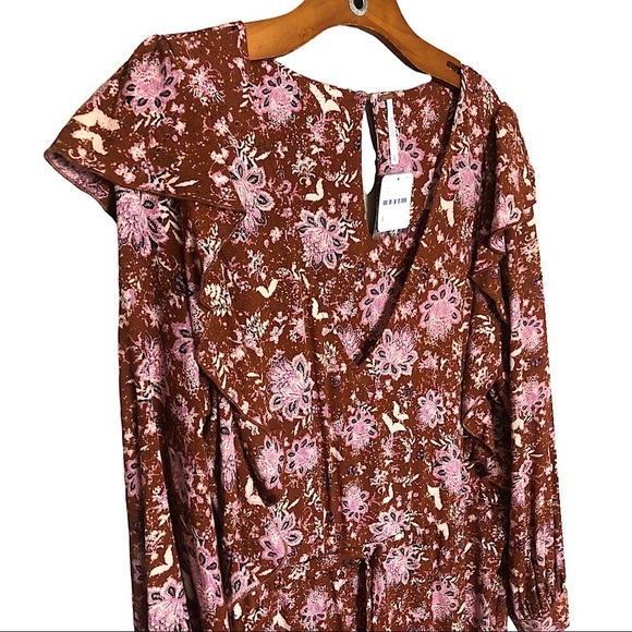 NWT - FREE People Women’s Lux Brown Pink Floral Long Sleeve Ruffle Jumpsuit - Picture 3 of 12